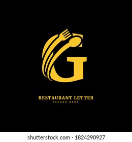 Initial letter G with spoon and fork for restaurant concept. letter G logo, fit for company and culinary business.