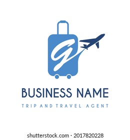 Letra inicial G con bolsa maleta y avión de aire para la idea del logotipo comercial del agente de viaje y viaje. Concepto de diseño de logotipos para empresas de servicios de transporte, ocio, vacaciones