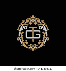 Initial letter G and T, GT, TG, decorative ornament emblem badge, overlapping monogram logo, elegant luxury silver gold color on black background