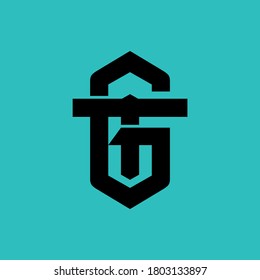 Letra inicial G, T, GT o TG superpuesta, interbloqueo, logotipo de monograma, color negro sobre fondo tosca azul