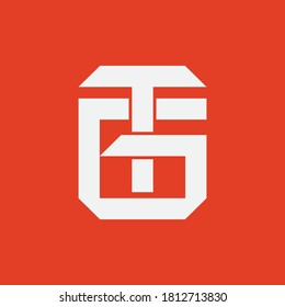 Letra inicial G, T, GT o TG superpuesta, interbloqueo, logotipo de monograma, color blanco sobre fondo naranja
