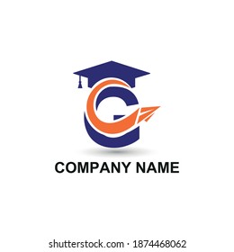 Initial letter G with toga hat  graduation gown and paper plane flying around for education academy logo concept 