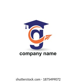 Initial letter g with toga hat graduation gown and paper plane flying around for education academy logo concept