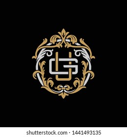 Initial letter G and U, GU, UG, decorative ornament emblem badge, overlapping monogram logo, elegant luxury silver gold color on black background