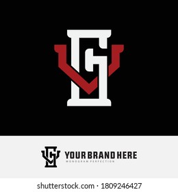 Initial letter G, V, GV or VG overlapping, interlock, monogram logo, white and red color on black background