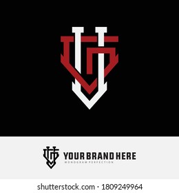 Initial letter G, V, GV or VG overlapping, interlock, monogram logo, white and red color on black background