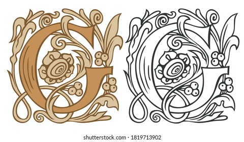 Initial letter G with vintage Baroque decorations. Two vector uppercase letters G in beige and black-white colors. Beautiful filigree capital letter to use for monogram, logo, emblem, card, invitation
