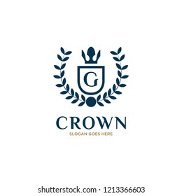 Initial Letter G Vintage Logo Design with Crown, Shield adn Wheat Illustration
