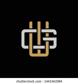 Initial letter G and W, GW, WG, overlapping interlock logo, monogram line art style, silver gold on black background