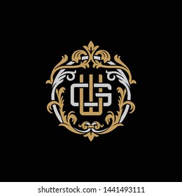 Initial letter G and W, GW, WG, decorative ornament emblem badge, overlapping monogram logo, elegant luxury silver gold color on black background
