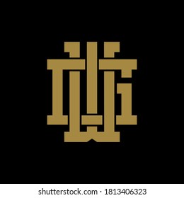 Anfangsbuchstaben G, W, GW oder WG, überlappend, Verriegelung, Monogramm-Logo, goldene Farbe auf schwarzem Hintergrund