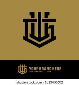 Initial letter G, W, GW or WG overlapping, interlock, monogram logo, black color on gold background