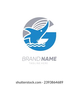 Initial Letter G Whale Jumping in the Water Logo Design Vector Icon Graphic Emblem Illustration