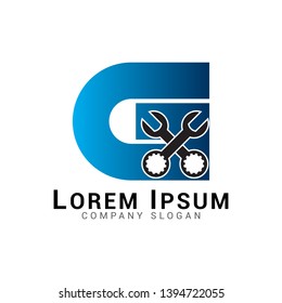 Initial letter G and wrench logo design. Repair business and vector construction logo design concepts