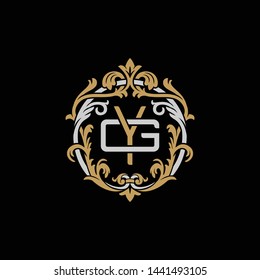 Initial letter G and Y, GY, YG, decorative ornament emblem badge, overlapping monogram logo, elegant luxury silver gold color on black background