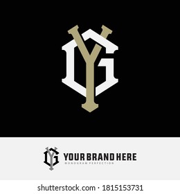 Initial letter G, Y, GY or YG overlapping, interlock, monogram logo, white and cream color on black background
