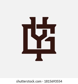 Anfangsbuchstaben G, Y, GY oder YG, überlappend, Verriegelung, Monogramm-Logo, braune Farbe auf weißem Hintergrund