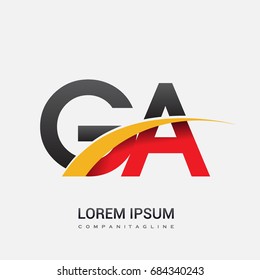 initial letter GA logotype company name colored red, black and yellow swoosh design. isolated on white background.
