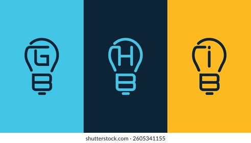 Initial Letter GB or BG, HB or BH and IB with lightbulb shape simple lines logo design vector icon illustration