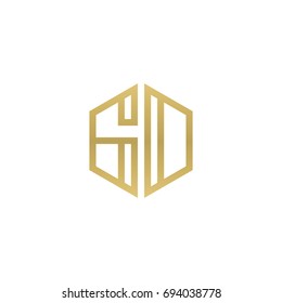 Initial letter GD, GO, minimalist line art hexagon shape logo, gold color