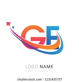 initial letter GE logotype company name colored orange, red and blue swoosh star design. vector logo for business and company identity.