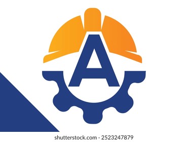 Letra inicial A con engranaje y casco. Vector de diseño de logotipo de ingeniero de engranajes