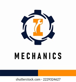Initial I Letter with Gear and Wrench symbol for mechanic automotive repair business service logo template