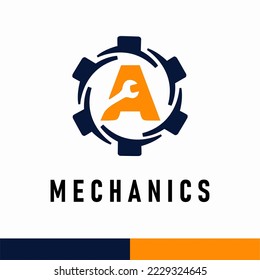 Initial A Letter with Gear and Wrench symbol for mechanic automotive repair business service logo template