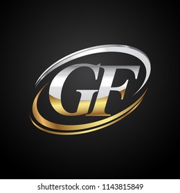 initial letter GF logotype company name colored gold and silver swoosh design. isolated on black background.