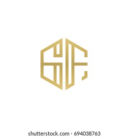 Initial letter GF, minimalist line art hexagon shape logo, gold color