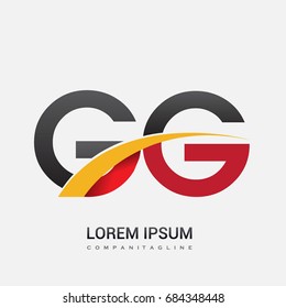 initial letter GG logotype company name colored red, black and yellow swoosh design. isolated on white background.
