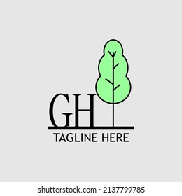 Initial letter GH with green tree logo. Minimal, simple and unique.