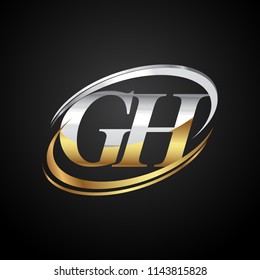 initial letter GH logotype company name colored gold and silver swoosh design. isolated on black background.