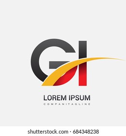 initial letter GI logotype company name colored red, black and yellow swoosh design. isolated on white background.
