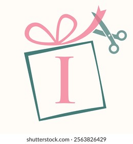 Initial Letter I Gift Box Logo Design Concept With Ribbon and Scissors Symbol For Weeding and Birthday Gift Sign