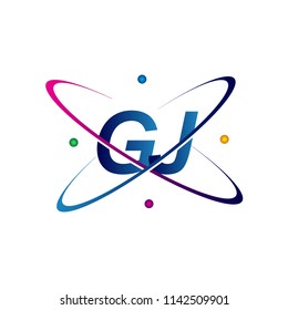 initial letter GJ logotype science icon colored blue, red, green and yellow swoosh design. vector logo for business and company identity.
