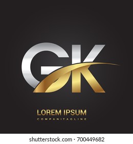initial letter GK logotype company name colored gold and silver swoosh design. isolated on black background.