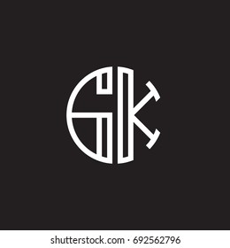 Initial letter GK, minimalist line art monogram circle shape logo, white color on black background