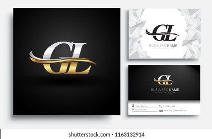 initial letter GL logotype company name colored gold and silver swoosh design. Vector sets for business identity on white background.