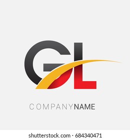 initial letter GL logotype company name colored red, black and yellow swoosh design. isolated on white background.
