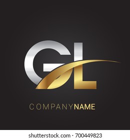 initial letter GL logotype company name colored gold and silver swoosh design. isolated on black background.