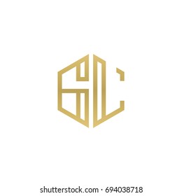 Initial letter GL, minimalist line art hexagon shape logo, gold color