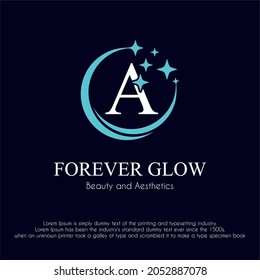 Initial Letter A with Glowing Shine Sparkle for Clean, Beauty, Glowing Facial, Cosmetic, Aesthetic Service, Fashion Business Logo Concept Design