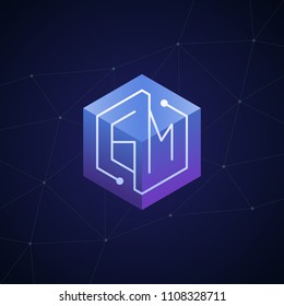 Initial letter GM, block chain, looping mono line circuit letter on hexagon cube logo, blue magenta gradient color on black blue network background