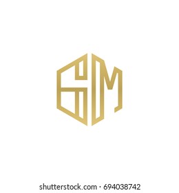 Initial letter GM, minimalist line art hexagon shape logo, gold color
