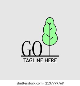 Letra inicial GO con el logo del árbol verde. Mínimo, sencillo y único.