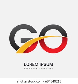 initial letter GO logotype company name colored red, black and yellow swoosh design. isolated on white background.
