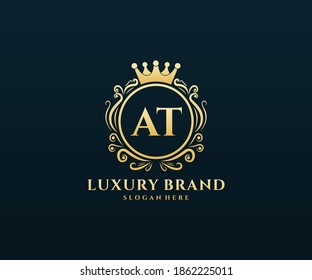 AT Initial Letter Gold calligraphic feminine floral hand drawn heraldic monogram antique vintage style luxury logo design.