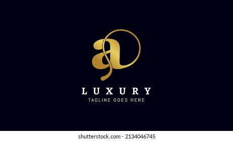 Initial letter A golden script typography luxury logo design, Creative gold lowercase cursive bold letter A icon template, Isolated on black background.
