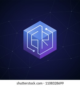 Initial letter GR, block chain, looping mono line circuit letter on hexagon cube logo, blue magenta gradient color on black blue network background